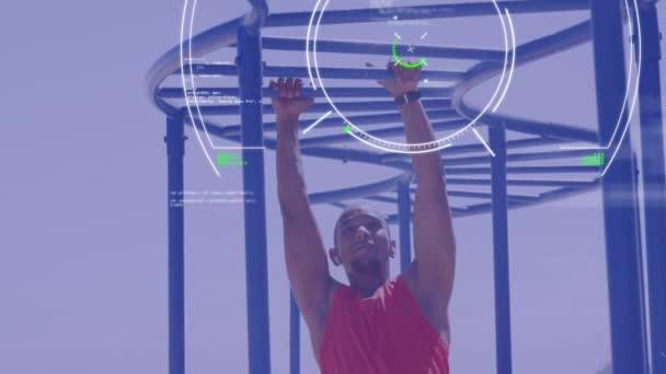 用旋转扫描仪对男子运动员在猴栏上的运动数据进行动画处理 成就和通信技术概念 数码录像 — 图库视频影像