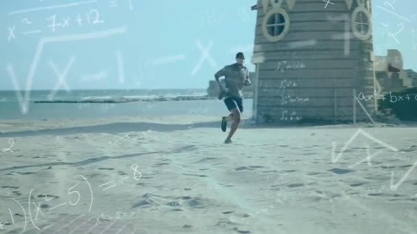 Animación Del Hombre Corriendo Sobre Fondo Animado Con Ecuaciones Matemáticas — Vídeo de stock