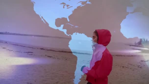 Animace Mapy Světa Blikající Světla Nad Ženou Jogging Pláži Globální — Stock video