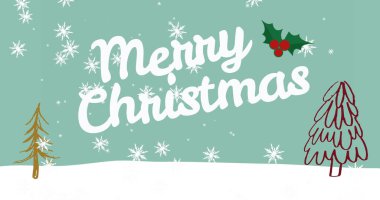 Kar yağarken atılan mutlu noel mesajının görüntüsü. Noel, kış, gelenek ve kutlama konsepti dijital olarak oluşturulmuş imaj.