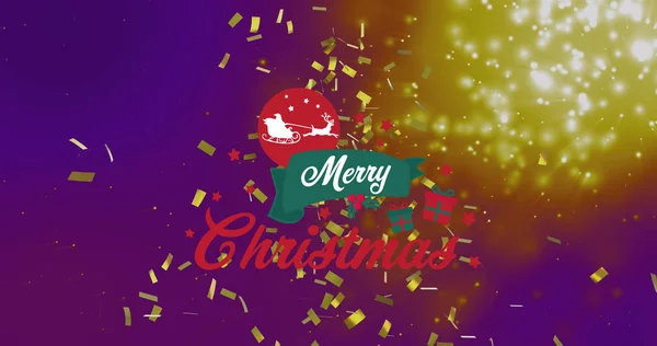 Image Merry Christmas Text Falling Lights Confetti Christmas Tradition Celebration — Stock Photo, Image