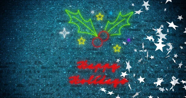 Image Neon Happy Holiday Text Falling Stars Christmas Tradition Celebration — Stock Photo, Image