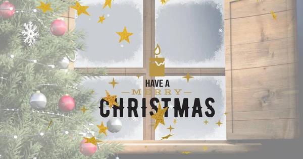 Yıldızların düşüşü, Noel ağacı ve penceresiyle ilgili mutlu bir noel mesajı. Noel, kış, gelenek ve kutlama konsepti dijital olarak oluşturulmuş imaj.