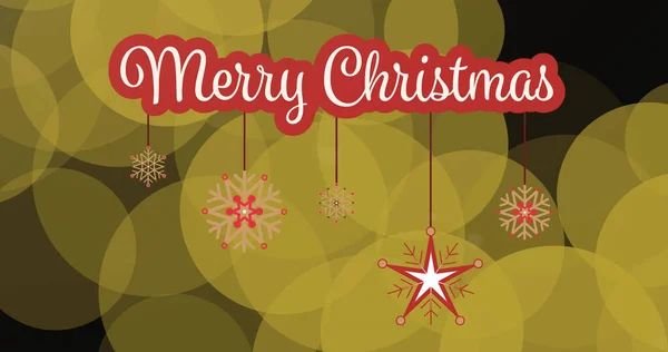 Feliz Navidad Banner Texto Con Decoraciones Colgantes Contra Manchas Amarillas —  Fotos de Stock