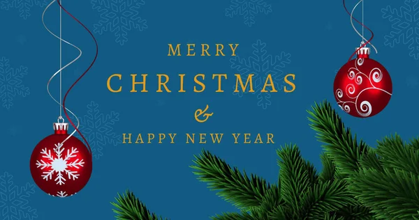 Obrázek Veselé Vánoce Šťastný Nový Rok Text Přes Cetky Vánoční — Stock fotografie