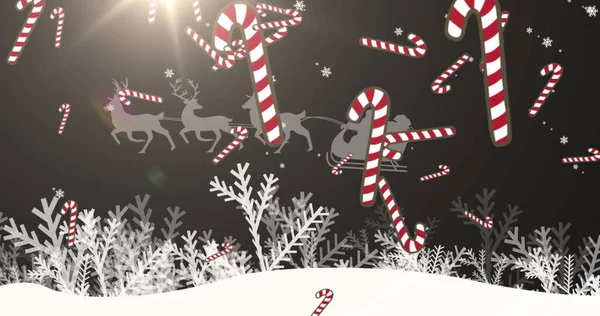 Зображення Веселого Різдвяного Тексту Над Цукерковою Тростиною Падає Зимовим Пейзажем — стокове фото