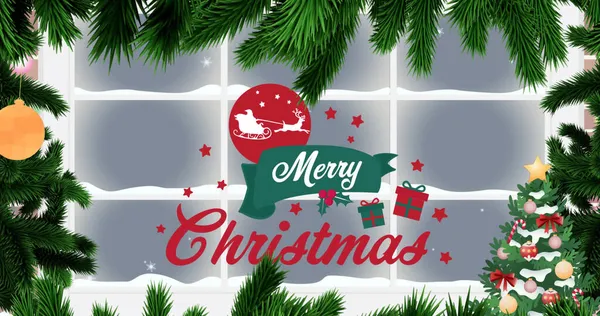 Obrázek Veselého Vánočního Textu Nad Jedlemi Padajícím Sněhem Oknem Vánoční — Stock fotografie