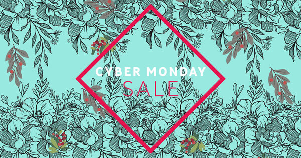 Image of cyber monday sale text in red frame over flowers moving in hypnotic motion. retail, sales and savings concept digitally generated image.