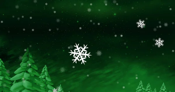 Bild Von Weihnachten Schneeflocken Fallen Auf Grüne Winterlandschaft Hintergrund Weihnachten — Stockfoto