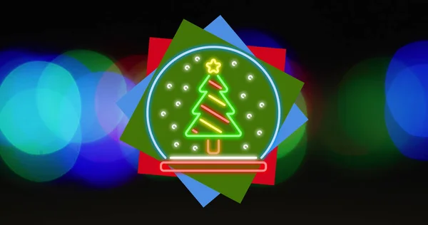 Imagem Árvore Natal Néon Sobre Manchas Luzes Natal Tradição Conceito — Fotografia de Stock