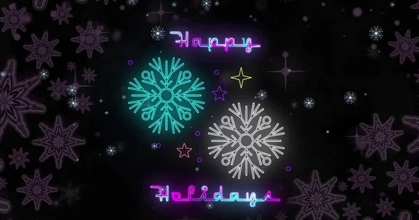 Imagem Feliz Feriados Texto Sobre Neve Caindo Natal Inverno Tradição — Fotografia de Stock