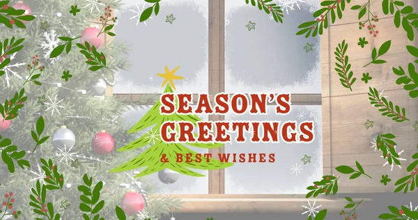 クリスマスツリーと窓の上に季節の挨拶テキストのイメージ クリスマス冬伝統お祝いのコンセプトデジタルで生成されたイメージ — ストック写真
