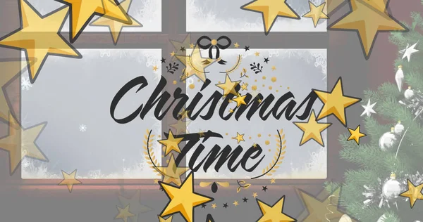 Bild Des Weihnachtstextes Über Sterne Weihnachtsbaum Und Fenster Weihnachten Winter — Stockfoto
