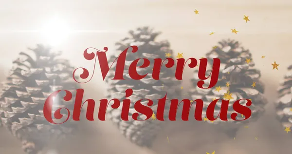 背景に松のコーン上の陽気なクリスマスのテキストのイメージ クリスマス お祝いのコンセプトをデジタルで — ストック写真