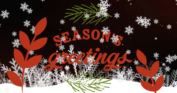 Image Season Greetings Text Snow Falling Winter Landscape Christmas Christmas — Stock Photo, Image