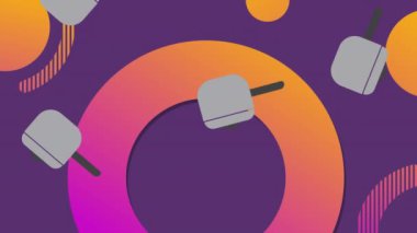 Turuncu ve pembe halkaların üzerine düşen gri tencerelerin ve mor arka planda dairelerin animasyonu. ev hayatı, yiyecek ve birliktelik kavramı dijital olarak oluşturulmuş video.