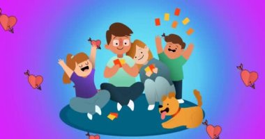 Mutlu ebeveynlerin, oğullarıyla, kızlarıyla ve köpekleriyle kalpleriyle kağıt oynadığı bir animasyon. aile, sevgi, sağlık ve birliktelik kavramı dijital olarak oluşturulmuş video.