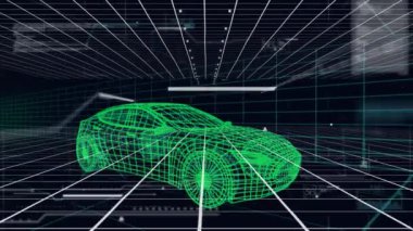 3D üzerinde veri işleme animasyonu araba ve ızgaranın çizim modeli. küresel mühendislik, veri işleme ve dijital arayüz kavramı dijital olarak oluşturulmuş video.