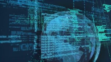 Dünya haritasında mavi veri işleme arayüzünün animasyonu. küresel iletişim ve dijital arayüz teknolojisi kavramı dijital olarak oluşturulmuş video.