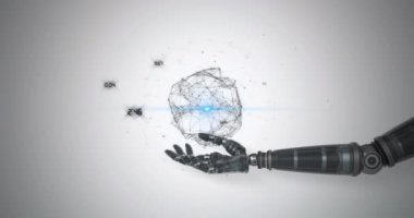 Robot kolu üzerinden veri işleme ağının animasyonu, gri arka planda mavi ışık. Elektrik mühendisliği teknolojisi, iletişim ve araştırma konsepti dijital olarak oluşturulmuş video.