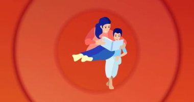 Anne ve oğlunun kırmızı halkalar üzerine kitap okumalarının animasyonu. aile, birliktelik ve kutlama konsepti dijital olarak oluşturulmuş video.