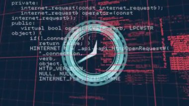 Kırmızı veri işleme ızgarası ile saat yüzlü dairesel tarayıcının animasyonu. küresel iletişim ve dijital arayüz teknolojisi kavramı dijital olarak oluşturulmuş video.