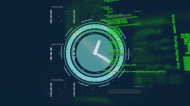 Veri işleme ve saatin animasyonu hızla ilerliyor. küresel veri işleme ve dijital arayüz konsepti dijital olarak oluşturulmuş video.