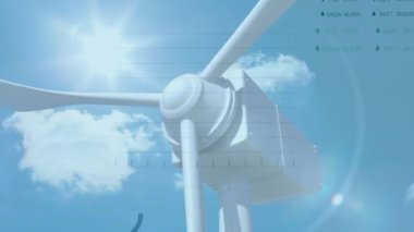 Rüzgar türbini üzerinde finansal veri işleme animasyonu. küresel iklim değişikliği, sürdürülebilirlik ve rüzgar enerjisi konsepti dijital olarak oluşturulmuş video.