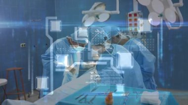 Ameliyathanedeki cerrahlar üzerinden veri işleme ve bağlantı ağının animasyonu. küresel tıp, sağlık hizmetleri ve dijital olarak üretilen video konsepti.