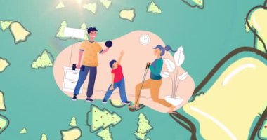 Noel ağacı ve çan sesleri eşliğinde, mutlu ebeveynlerin ve kızlarının egzersiz yapmasının canlandırması. aile, kutlama, noel, sağlık ve birliktelik kavramı dijital olarak oluşturuldu