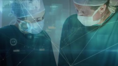 Yüz maskeli cerrahlar üzerinden bağlantı ağının animasyonu. küresel tıp, sağlık hizmetleri ve dijital olarak üretilen video konsepti.