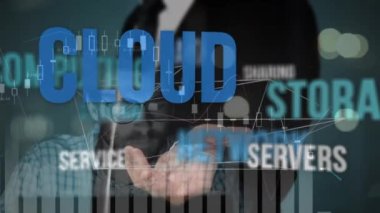 Arayüz ve veri işleme kullanılarak iş adamı üzerinden işletme yönetimi metninin animasyonu. küresel iş iletişimi teknolojisi ve dijital arayüz kavramı, dijital olarak oluşturulmuş video.