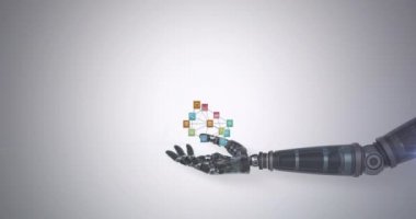 Gri arkaplan üzerinde hareket eden ışık ile robot kolun üzerinde medya simgelerinin oluşturduğu bir ağ animasyonu. Elektrik mühendisliği teknolojisi, iletişim ve araştırma konsepti dijital olarak oluşturulmuş video.