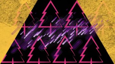 Mor havai fişek ve üçgen animasyonları, pembe yılbaşı ağaçlarının üzerinde kirli sarı kağıtlarda kesiliyor. Noel, kutlama ve iletişim teknolojisi konsepti dijital olarak oluşturulmuş video.