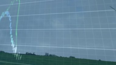 Rüzgar türbini üzerinde finansal veri işleme animasyonu. küresel iklim değişikliği, sürdürülebilirlik ve rüzgar enerjisi konsepti dijital olarak oluşturulmuş video.