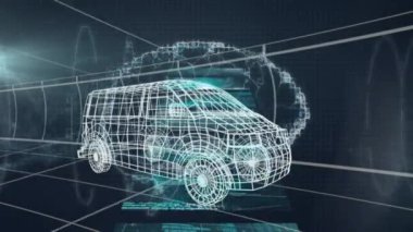 Minibüs ve ızgaranın 3 boyutlu çizim modelinin üzerinde insan beyni ve veri işleme animasyonu. küresel mühendislik, veri işleme ve dijital arayüz kavramı dijital olarak oluşturulmuş video.