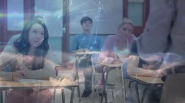 Öğrencilerle erkek öğretmen arasındaki bağlantı ağının animasyonu. küresel eğitim, eğitim ve bağlantılar dijital olarak oluşturulmuş video konsepti.
