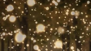 Arka plandaki orman üzerinde yanıp sönen sarı noel animajı. Kış, Noel, gelenek ve kutlama konsepti dijital olarak oluşturulmuş video.