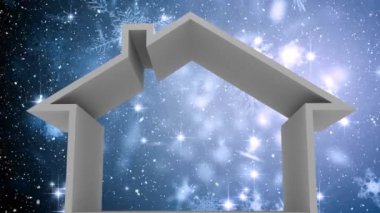 Evin üzerine yağan kar ve yılbaşı kar taneciklerinin canlandırması. Noel, gelenek ve kutlama konsepti dijital olarak oluşturuldu.