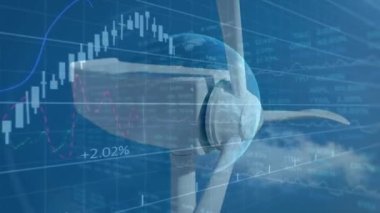 Rüzgâr türbini üzerinde finansal veri işleme ve küre animasyonu. küresel iklim değişikliği, sürdürülebilirlik ve rüzgar enerjisi konsepti dijital olarak oluşturulmuş video.