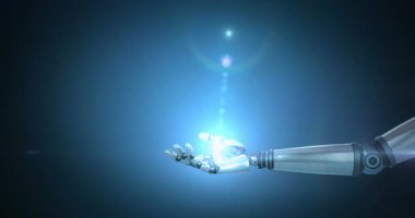 Mavi ışık ve mercek animasyonu robot kolun üzerinde yanıp sönüyor, mavi arka planda hareket eden ışık var. Elektrik mühendisliği teknolojisi, iletişim ve araştırma konsepti dijital olarak oluşturulmuş video.