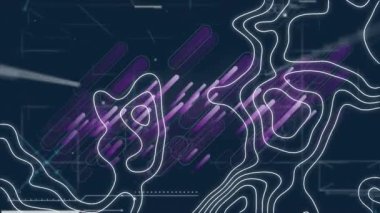 Veri işleme, mor ışık yolları ve beyaz harita çizgilerinin animasyonu. küresel veri işleme ve dijital arayüz konsepti dijital olarak oluşturulmuş video.