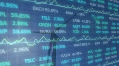 Rüzgar türbini üzerinde finansal veri işleme animasyonu. küresel iklim değişikliği, sürdürülebilirlik ve rüzgar enerjisi konsepti dijital olarak oluşturulmuş video.