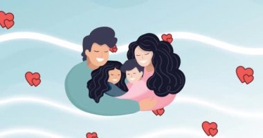 Kırmızı kalplerle kucaklaşan gülümseyen ebeveynlerin ve çocukların canlandırması. aile, sevgi ve birliktelik kavramı dijital olarak oluşturulmuş video.