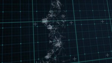 Siyah arkaplanda yeşil ızgaranın ve dönen parçacık yapısının animasyonu. küresel bilim, eğitim ve araştırma teknolojisi konsepti dijital olarak oluşturulmuş video.