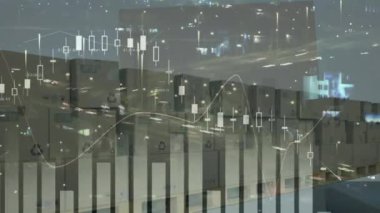 Arka plandaki karton kutular üzerinde istatistik işleme animasyonu. küresel sevkiyat, dağıtım, çevrimiçi alışveriş ve bağlantılar konsepti dijital olarak oluşturulmuş video.