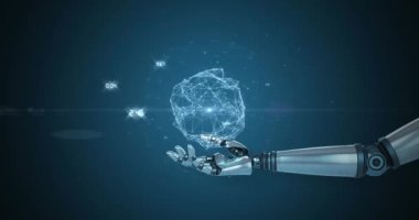 Robot kolu üzerinden ağ işleme verilerinin animasyonu, koyu arkaplanda hareket eden ışık. Elektrik mühendisliği teknolojisi, iletişim ve araştırma konsepti dijital olarak oluşturulmuş video.