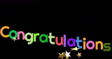 Renkli tebrik mesajlarının animasyonu ve siyah arkaplanda yıldızlar. parti ve kutlama konsepti dijital olarak oluşturulmuş video.