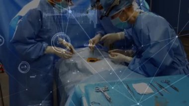 Ameliyathanedeki cerrahlar üzerinden bağlantı ağının animasyonu. küresel tıp, sağlık hizmetleri ve dijital olarak üretilen video konsepti.