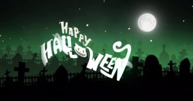 Mezarlığa ve gece gökyüzüne karşı Mutlu Cadılar Bayramı yazılı afişinin dijital animasyonu. Cadılar Bayramı bayramı ve kutlama konsepti